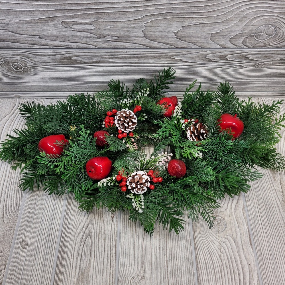 HOMCO Christmas Greenery‎ Candle Ring Centerpiece Pine Cones Red Apples Berries